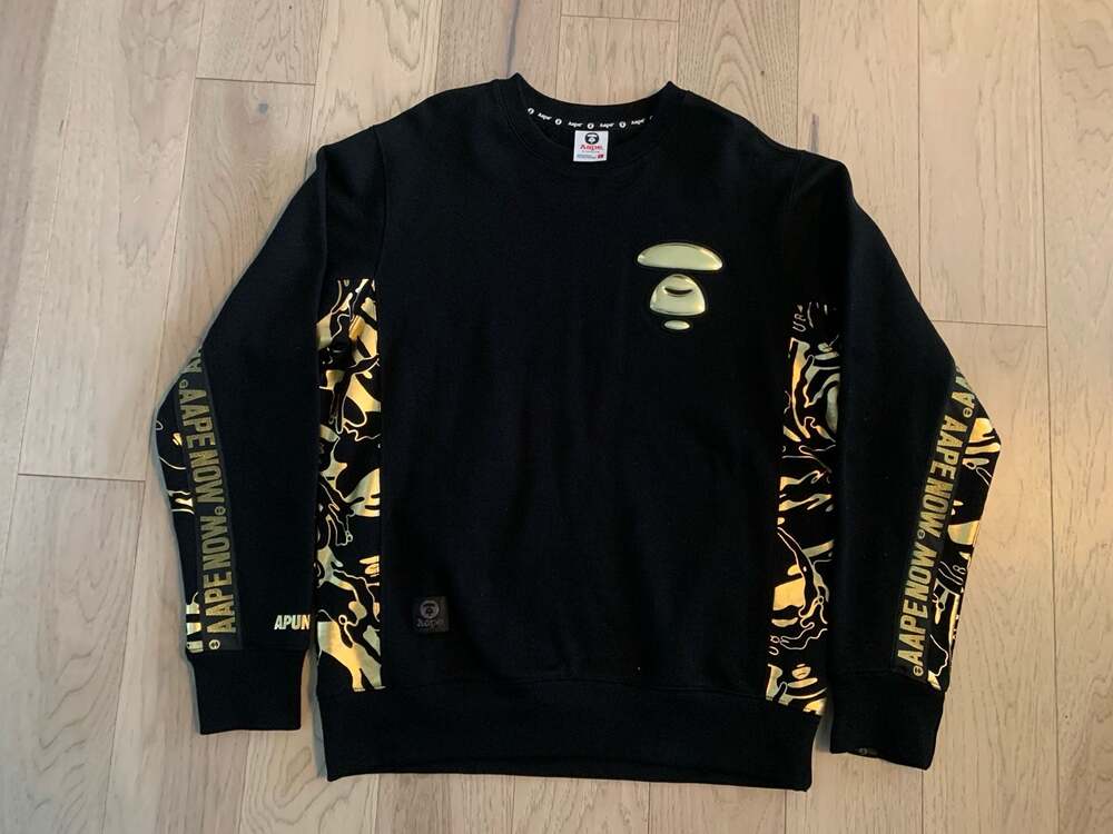 AAPE By A Bathing Ape Black & Gold Metallic Camo Panel Crewneck Sweatshirt